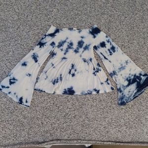 White and Blue Tie Dye Bell Sleeved Peplum Top